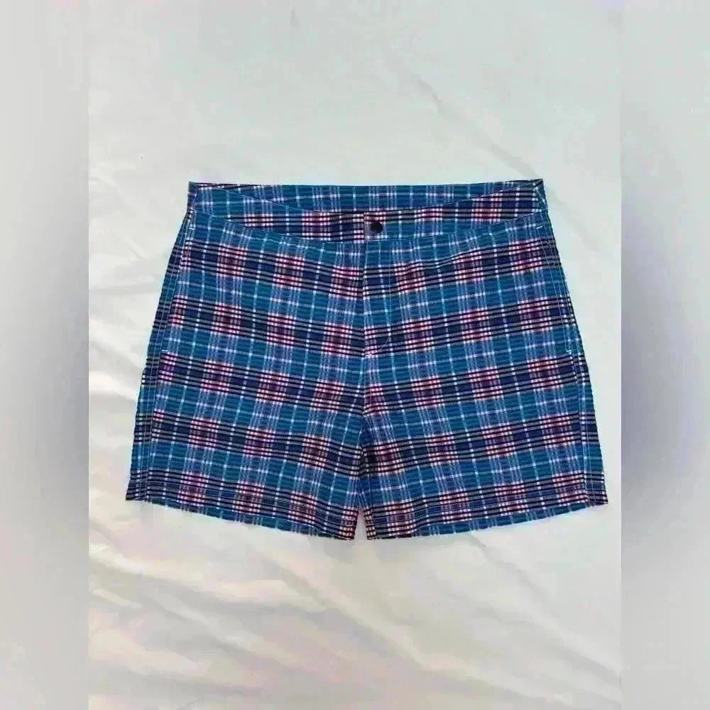 Bugatchi NEW Men’s Red White and Blue Plaid Textured Lightweight Swim Trunks